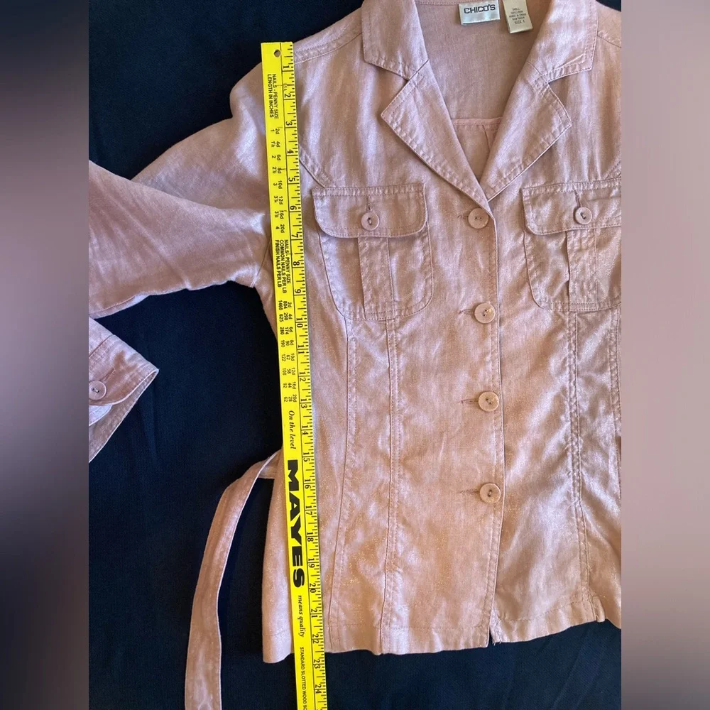 Chico’s Pink Linen Jacket Shirt Tie Waist - Picture 7 of 15
